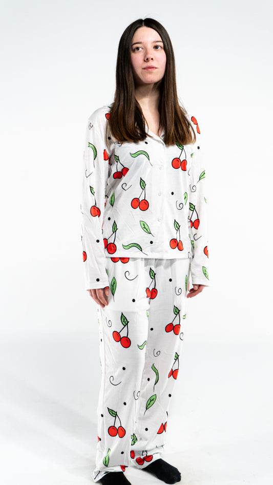 Pyjama à manche longue cerise Blanc femme