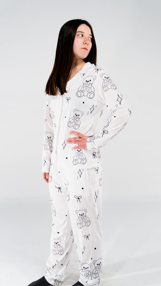 Pyjama à manche longue ourson Blanc pour femme
