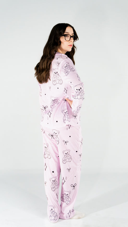 Pyjama à manche longue ourson rose pour femme