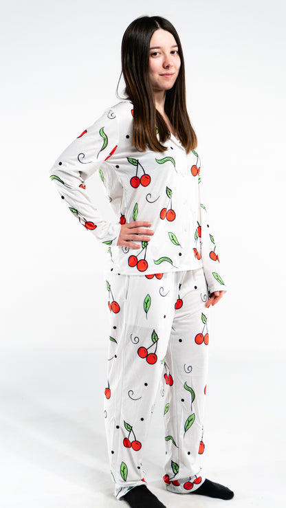 Pyjama à manche longue cerise Blanc femme