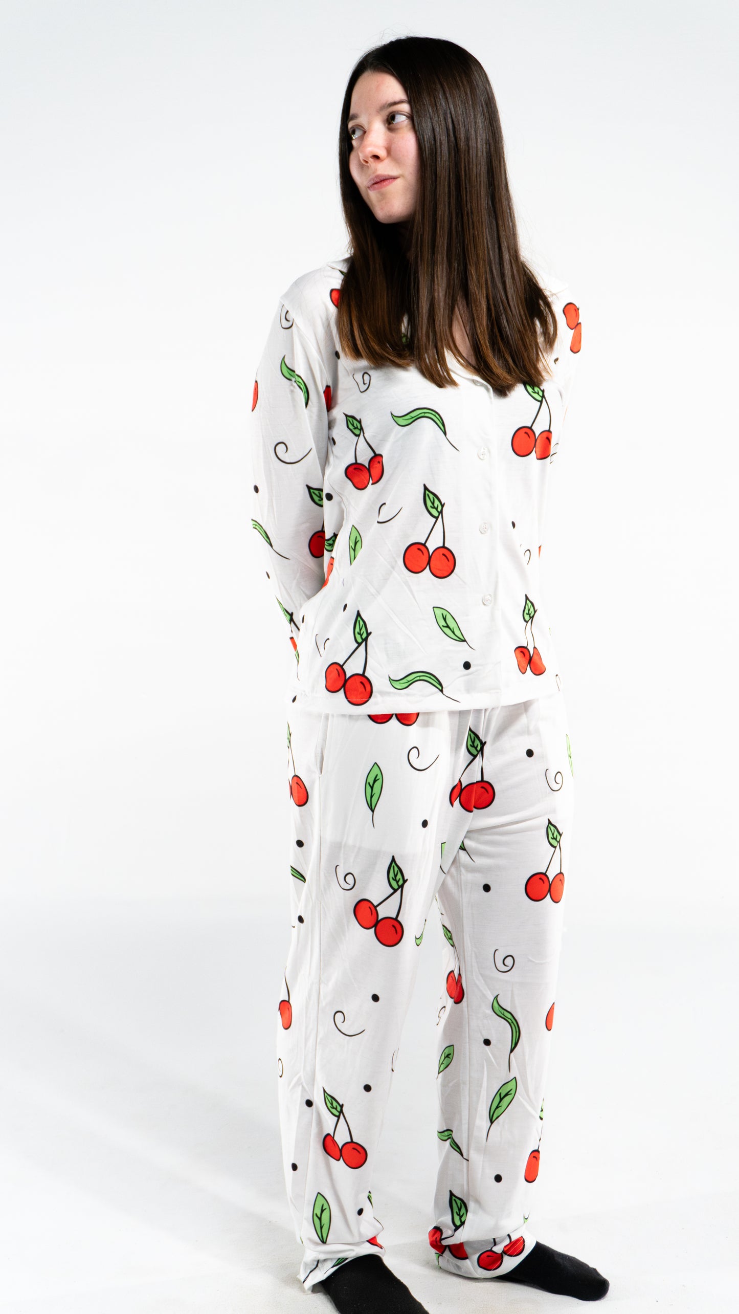 Pyjama à manche longue cerise Blanc femme