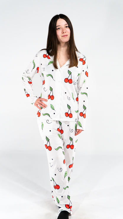Pyjama à manche longue cerise Blanc femme