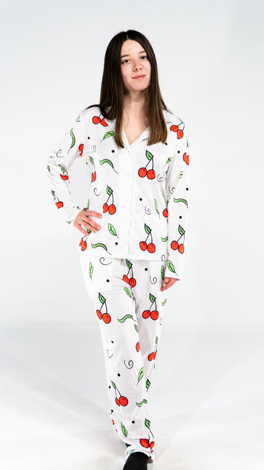 Pyjama à manche longue cerise Blanc femme