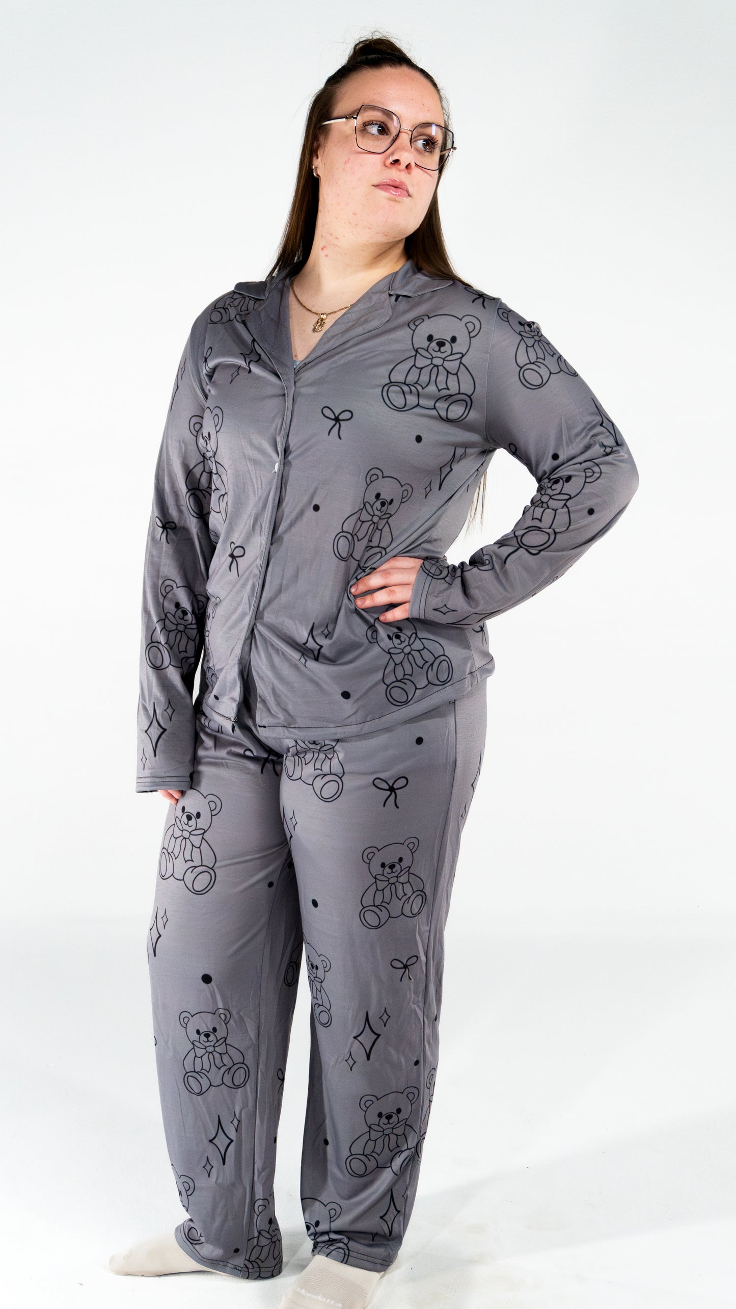 Pyjama à manche longue ourson gris foncé pour femme