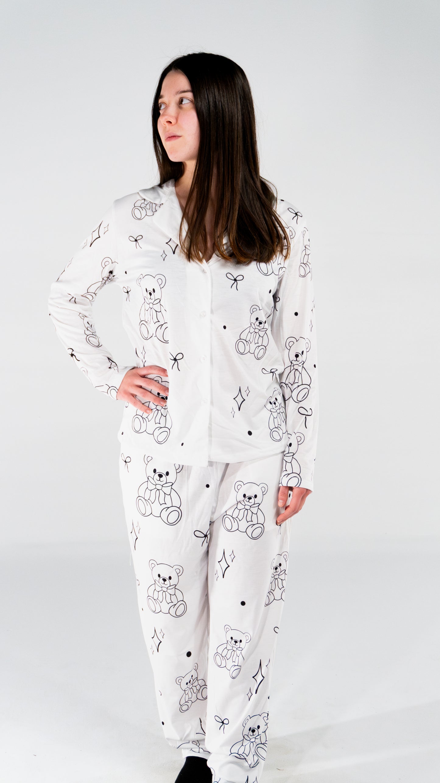 Pyjama à manche longue ourson Blanc pour femme