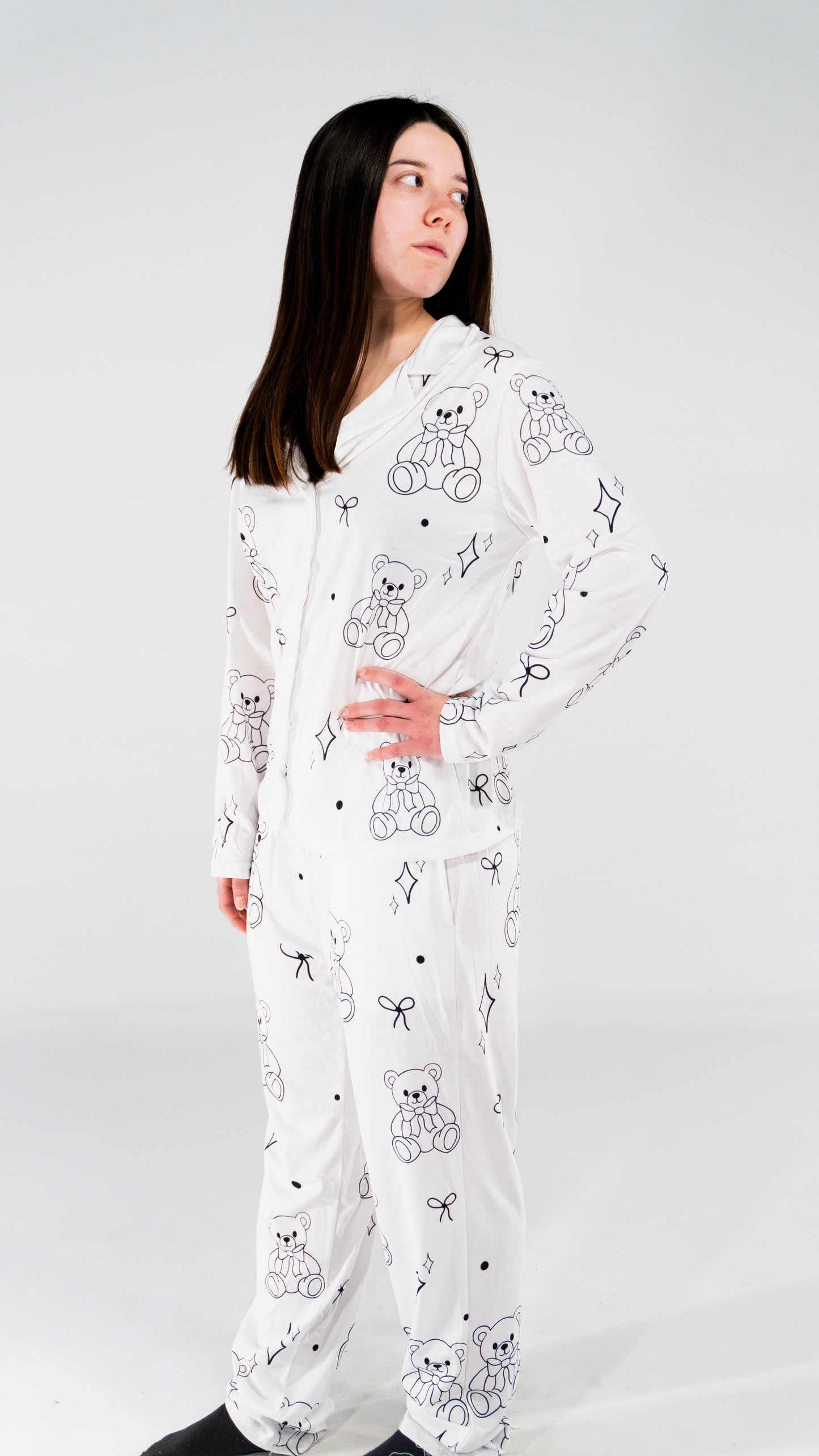 Pyjama à manche longue ourson Blanc pour femme