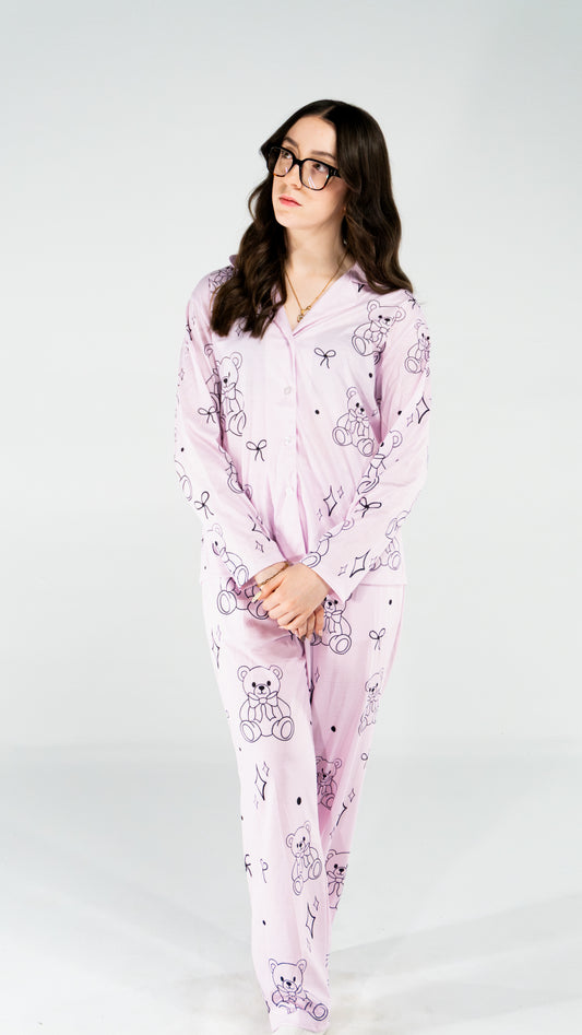 Pyjama à manche longue ourson rose pour femme
