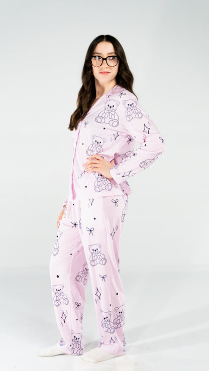 Pyjama à manche longue ourson rose pour femme